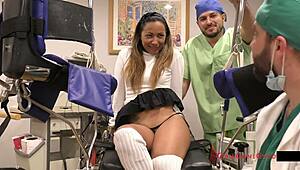 orgasm research inc gets wild with melany lopez as the latina nurse spreads her big ass in gloves and skirt for vibrator toy action 😈