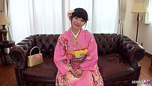 Will this Japanese geisha teen 18+ play her hairy pussy in first time uncensored casting?