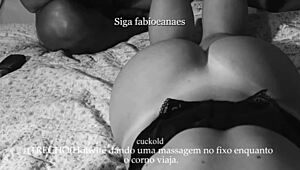 why don't you watch me massage this huge cock of my lover while my cuckold hubby is away on his trip?