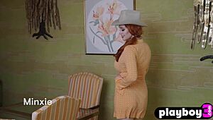 huge natural tits redhead milf minxie boldly strips lingerie and poses naked after striptease