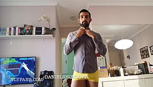 Man Prepares for Work While Stroking His Massive Gay Cock in Homemade Solo Session