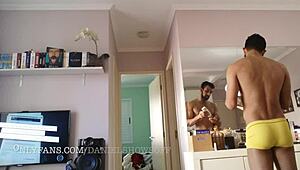 Man Prepares for Work While Stroking His Massive Gay Cock in Homemade Solo Session