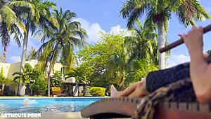 Petite Latina Violeta Grey starts sucking then rides for oily footjob cum on feet