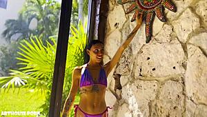 Petite Latina Violeta Grey starts sucking then rides for oily footjob cum on feet