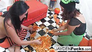 hey, wanna see jayden jaymes and kristina having wild pumpkin fun with their big tits and pussies?