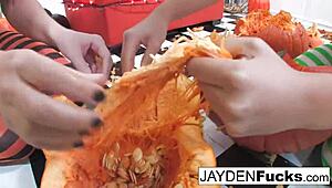 hey, wanna see jayden jaymes and kristina having wild pumpkin fun with their big tits and pussies?