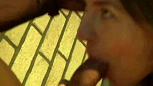 Babe boldly sucking huge black cock behind her apartment in public and swallowing every drop of cum