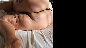 The fat mature with big breasts wore pantyhose and squirted using her dildo.