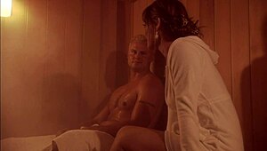 stephanie tripp takes a big cock deep in her hairy pussy while sweating in the sauna