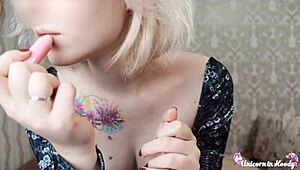 Blonde Babe with Perfect Big Tits Gives Close-Up Blowjob to Monster Cock. Tattoo Beauty Takes Deepthroat Handjob and Cum on Tits in POV