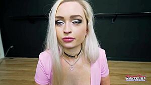 blonde pornstar kelsey starlette teases with dildo in casting interview before riding monster cock to swallow cum