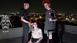 Wow, Young Girl Takes on Two Huge Cocks Bareback on the Roof!