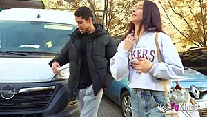 This petite spanish nympho flashes in public, squeezes a 10-inch cock in the shower, then gets bent over for deepthroat and doggystyle pounding