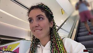 Amateur brunette babe gives blowjob in public toilet and does crazy cumwalk in shopping mall