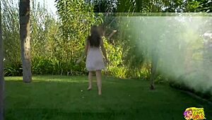 Two lesbians run through outdoor field then kiss with big clit licking masturbation and passionate pussy sex on grass