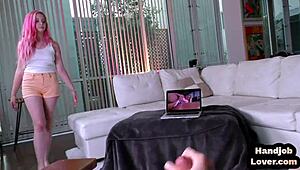 pov redhead teen with tattoos gives boyfriend a close-up handjob while talking dirty