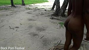 skinny african girl contrasts her small waist with my big cock stretching her tight pussy outdoor