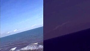 Brazilian pornstar Priscila Belini strips naked on beach for public outdoor masturbation with skinny body details.