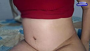 Brazilian married housewife rides her cuckold husband bareback until orgasm but gets interrupted at bedroom door