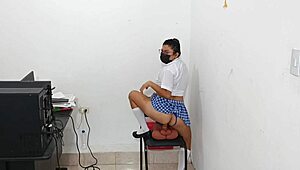 student dominates with huge toy in principals office while wearing sexy lingerie for kinky roleplay