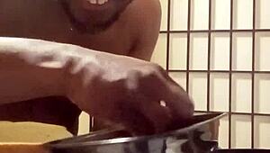 In the kitchen, Llamasr experiments with bananas and other foods after dark for an adventurous session.