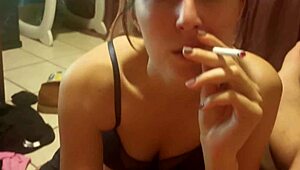 subtly enjoying a brunette babe sucking on that huge uncut cock until cum covers her