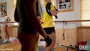 Breasty blowjob expert handles deepthroat and cumshot like a pro in cheerleader shorts