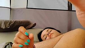 she woke up early in the tent, stripped down her lingerie, and rode his big cock wildly in cowgirl style.