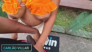 Hey, check out this hot Brazilian brunette giving an amazing deepthroat to that monster cock