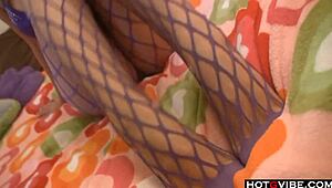 Brunette Chick in Fishnets Toying and Fingering Her Wet Pussy Hole