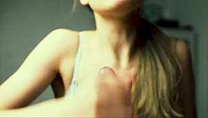 red-lipped beauty feels intense thrill jerking boyfriend close-up