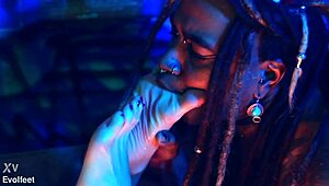 Big ass babe dominates with heel play and footjob while choking and gagging her sub in bisexual femdom session