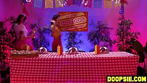 The kinky ebony contestant straps on her dildo. She dominates and pounds her blonde and curvy competitors in an intense interracial group game