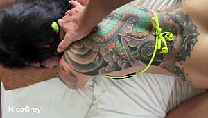 i love how this tattooed emo girl with big tits gets fucked doggystyle on vacation, including rimming and muff diving in missionary.