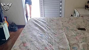 I felt so excited spying on my hot neighbor from the balcony before our full menage.