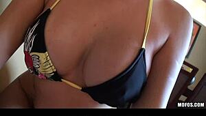 Whoa, check this hot big-tit bikini brunette slut girlfriend deepthroating and fucking hard!