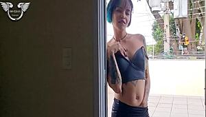 I felt so excited spying on my hot neighbor from the balcony before our full menage.