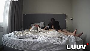 Luuv Kareflore gave a handjob and sucked the guy's dick for half an hour. It happened in the bedroom with his girlfriend watching as a voyeur