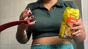 She enjoys flashing her big swollen pussy in exhibitionist style.