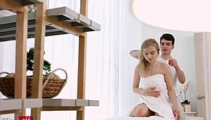 Teen Blonde's Massage Turns Into Passionate Blowjob And Cowgirl Riding With Cum In Mouth