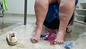 coolmarina arrives tired from the street and gives herself a foot massage using hard eggs on the floor