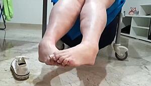 coolmarina arrives tired from the street and gives herself a foot massage using hard eggs on the floor