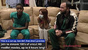 soccer star jewel undergoes a sports physical, focusing on her brunette short hair and small natural tits in a hospital setting.