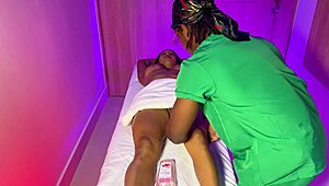 so this big tits latina milf starts seducing the boy right there on the massage table with her athletic body and tight wet pussy