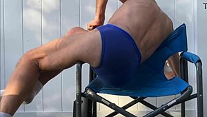 hey, i'm doing deep pelvic stretching in my blue briefs on that blue chair this late october 2024