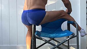 hey, i'm doing deep pelvic stretching in my blue briefs on that blue chair this late october 2024