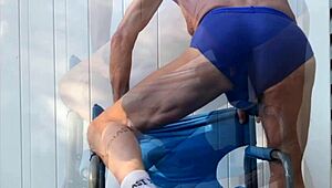 hey, i'm doing deep pelvic stretching in my blue briefs on that blue chair this late october 2024