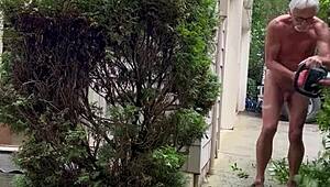 nakedman15 struts his cock flashing in the garden exhibition style