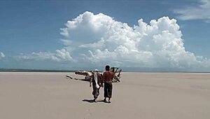 Beach threesome anal fuck with big tits black mama gaping wide!