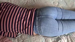 Whoa stepmom's huge curvy fat ass in lingerie and thongs makes me cum hard watching her voyeur handjobs on my big cock while she flashes hairy pussy!